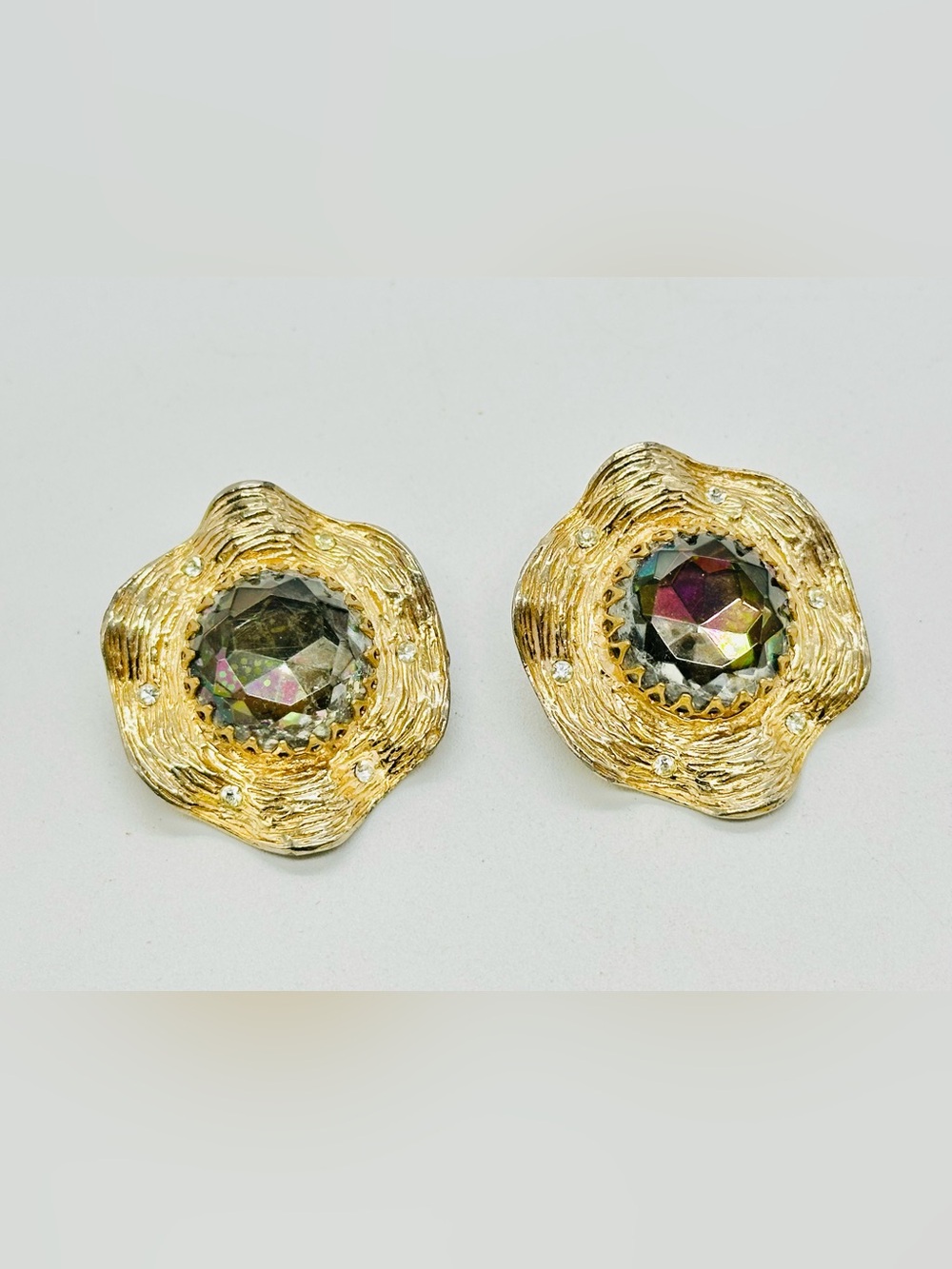 Judy Lee Gold Tone Heliotrope Watermelon Rivoli Clip Earrings Rhinestone